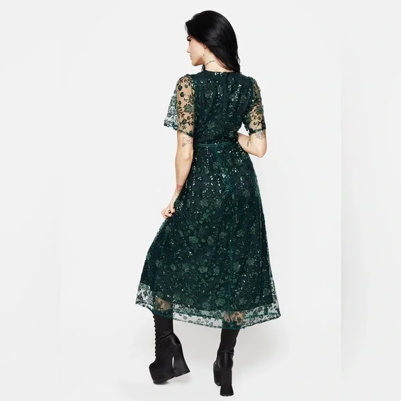 Disturbia Glimmer Embroidered Sequin Lace Angel Sleeve Midi Dress - Picture 6 of 14